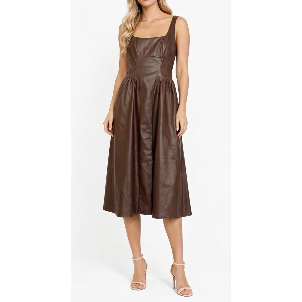 WAYF brown faux leather corset fit and flare midi dress M